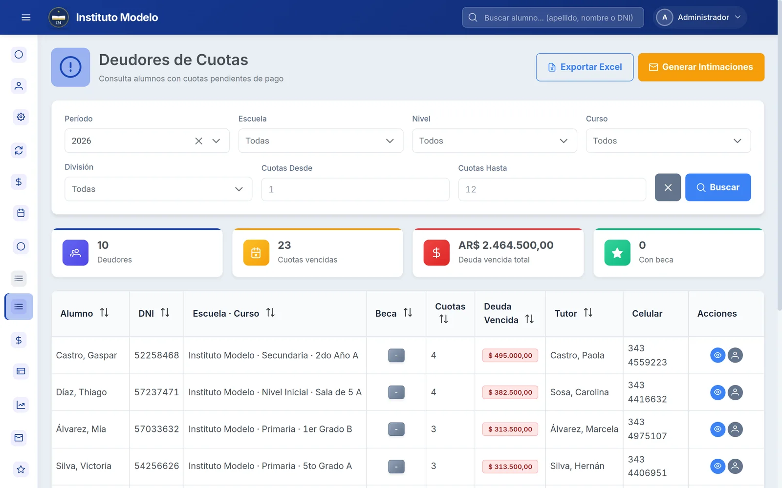 Listado de deudores con meses adeudados y monto